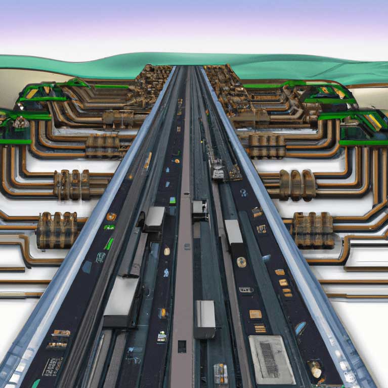 illustration autobahn mit fahrenden computer prozessoren und platinen, modern design, for the web, 4k, high resolution,