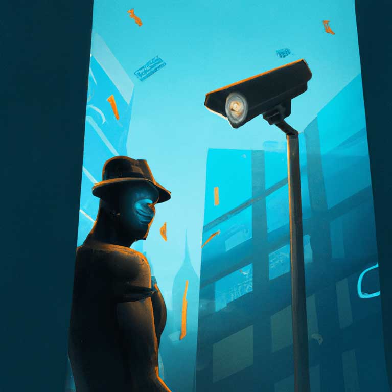 illustration eines detektives, der eine überwachungskamera steuert, big brother is watching you, 4k, high resolution, trending in artstation
