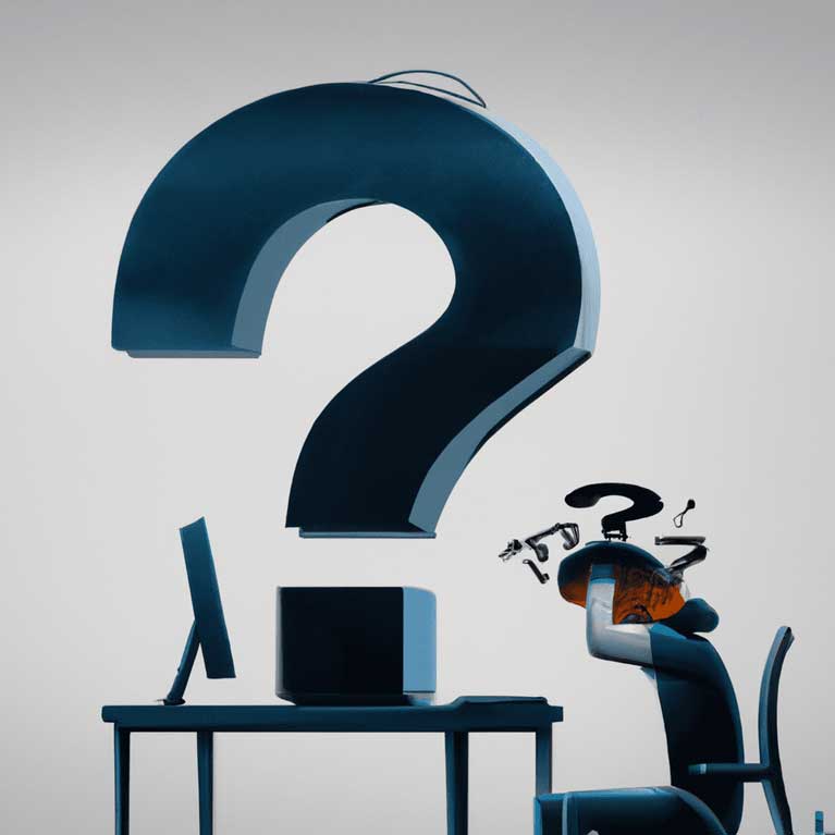 illustration of Ein User sitzt verzweifelt an seinem Bildschirm mit einem großen fragezeichen über seinem kopf, 4k, high resolution, trending in artstation