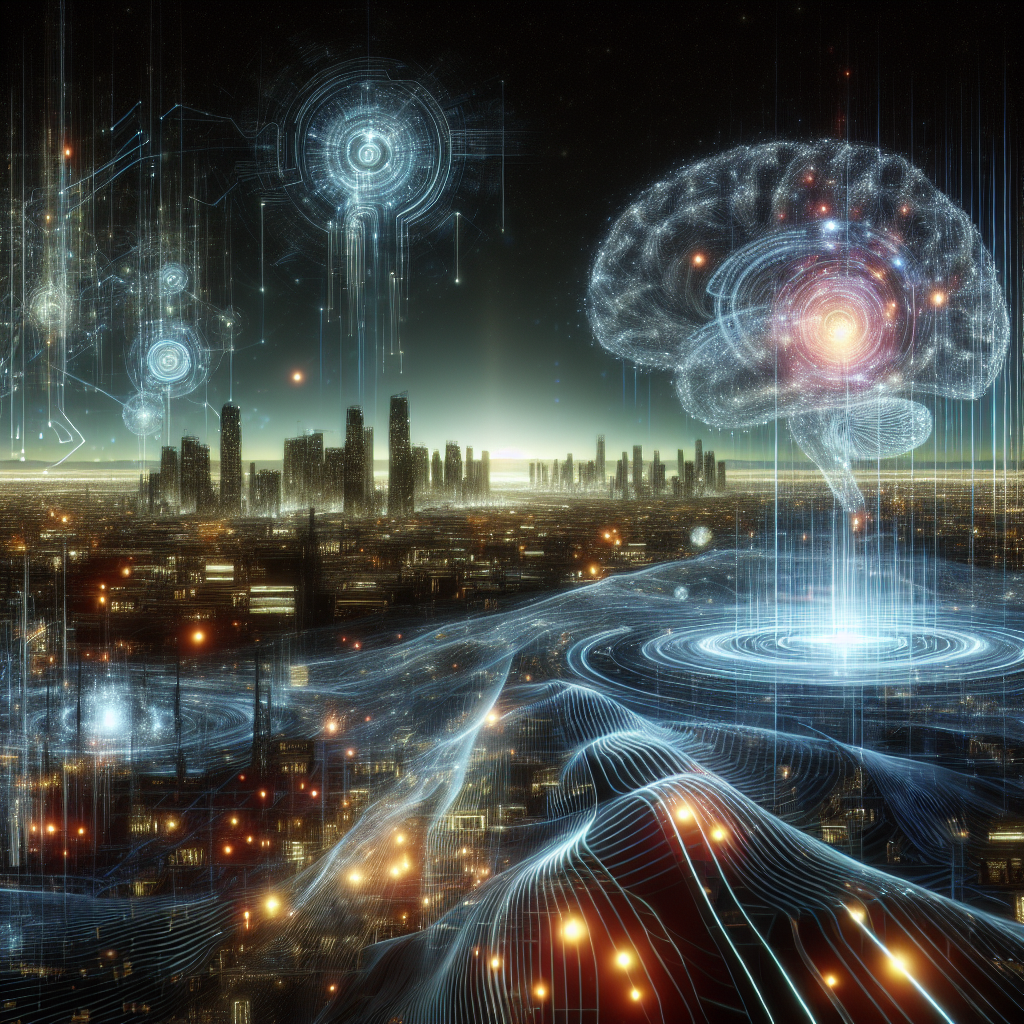 A futuristic AI-themed landscape with digital networks and brain-like structures.