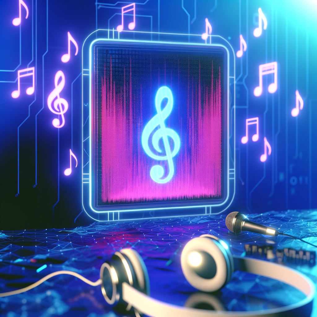 A vibrant digital illustration showcasing a music-themed interface with a musical note and sound wave visualizations, accompanied by headphones and a microphone.